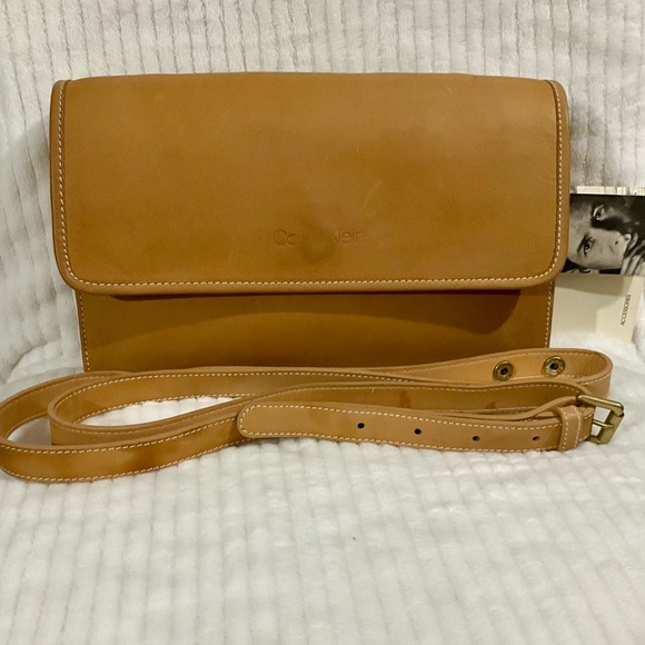Vintage Calvin Klein Tan Leather Convertible Clutch Crossbody - Picture 1 of 13